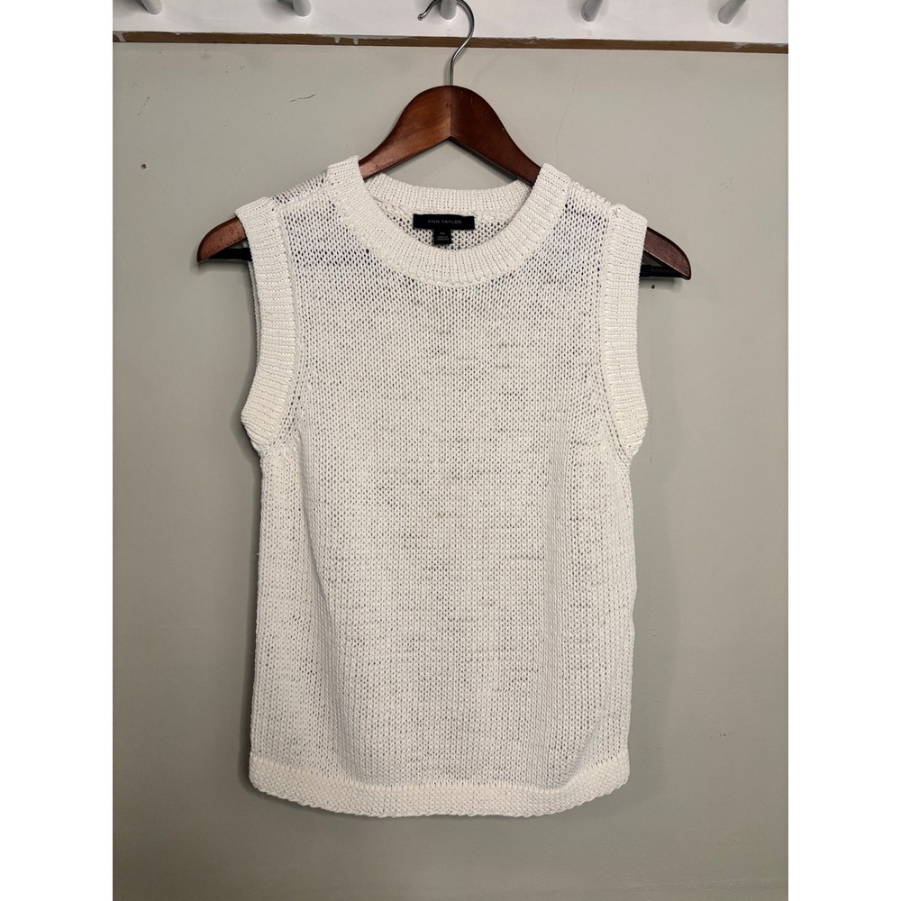 Ann Taylor Womens XS White Open Knit Sleeveless Sweater Vest Crew Neck